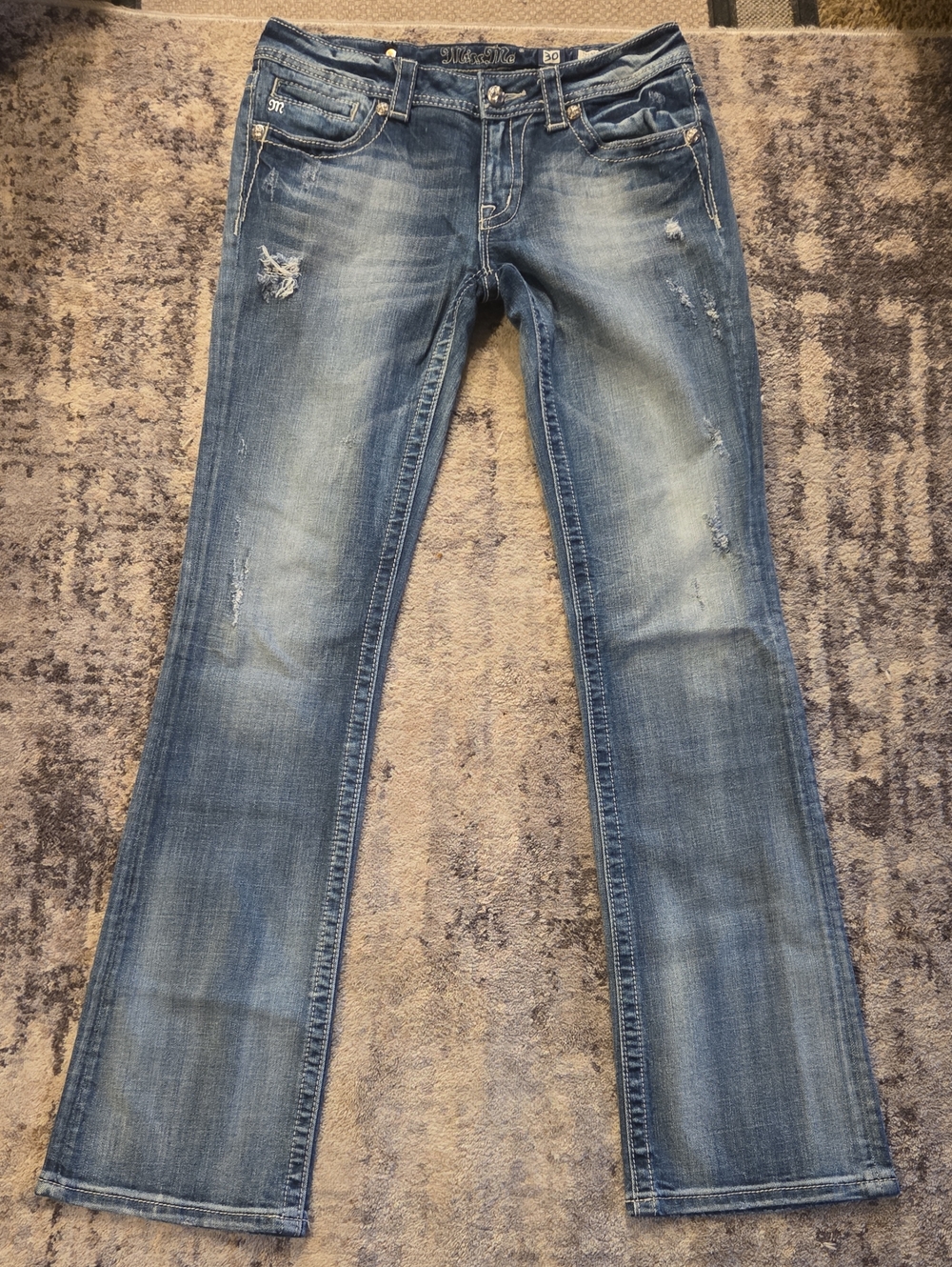 Miss Me Bootcut Lowrise Denim Jeans Embroidered And Rhinestone Pockets Sz 30